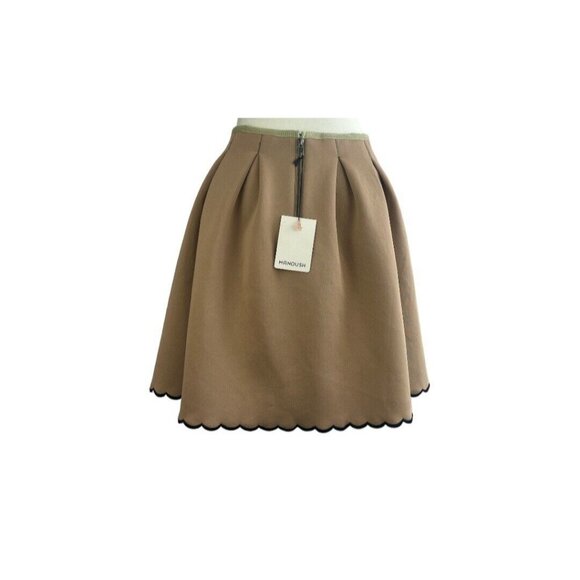 Manoush Neoprene Pleated A-Line Skirt Tan/ Black Scalloped Edges Sz 38 FR (US 6) - Picture 3 of 11
